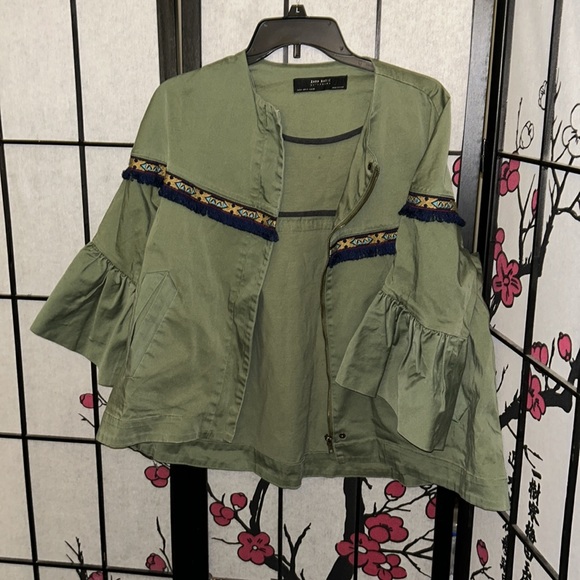 ZARA Aztec Embroidered Fringe Boho Bell Sleeve military green jacket - Picture 2 of 12